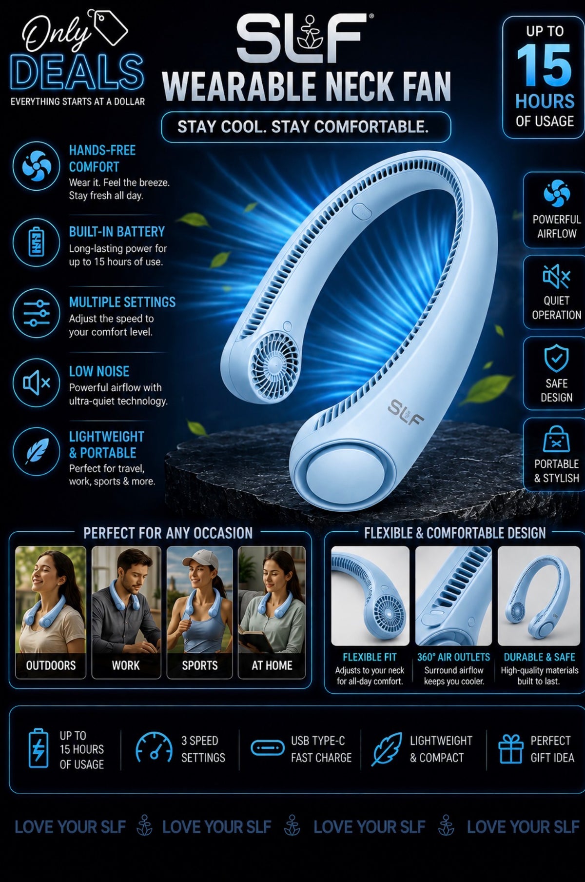 SLF Wearable Neck Fan With Built In Fan