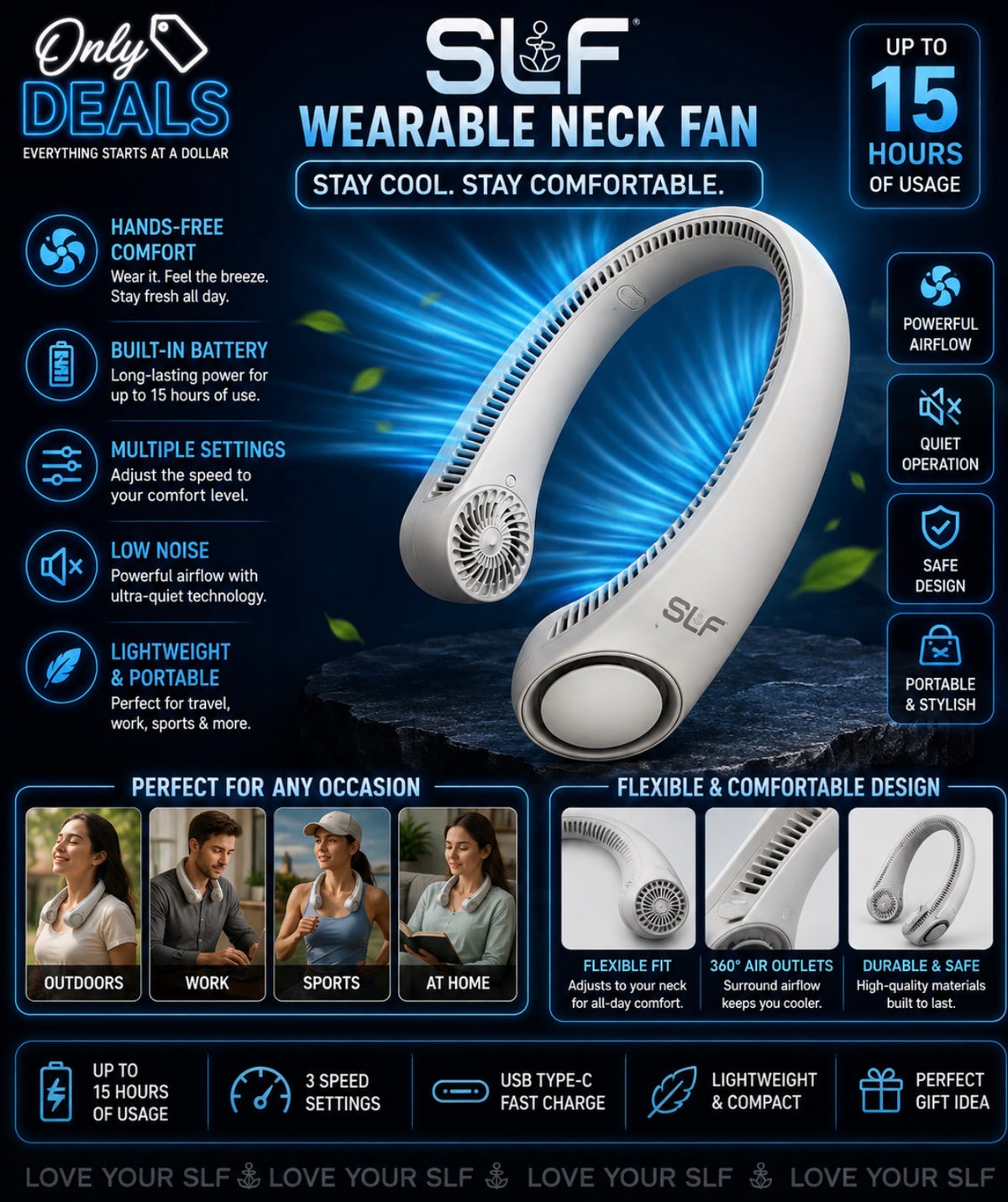 SLF Wearable Neck Fan With Built In Fan