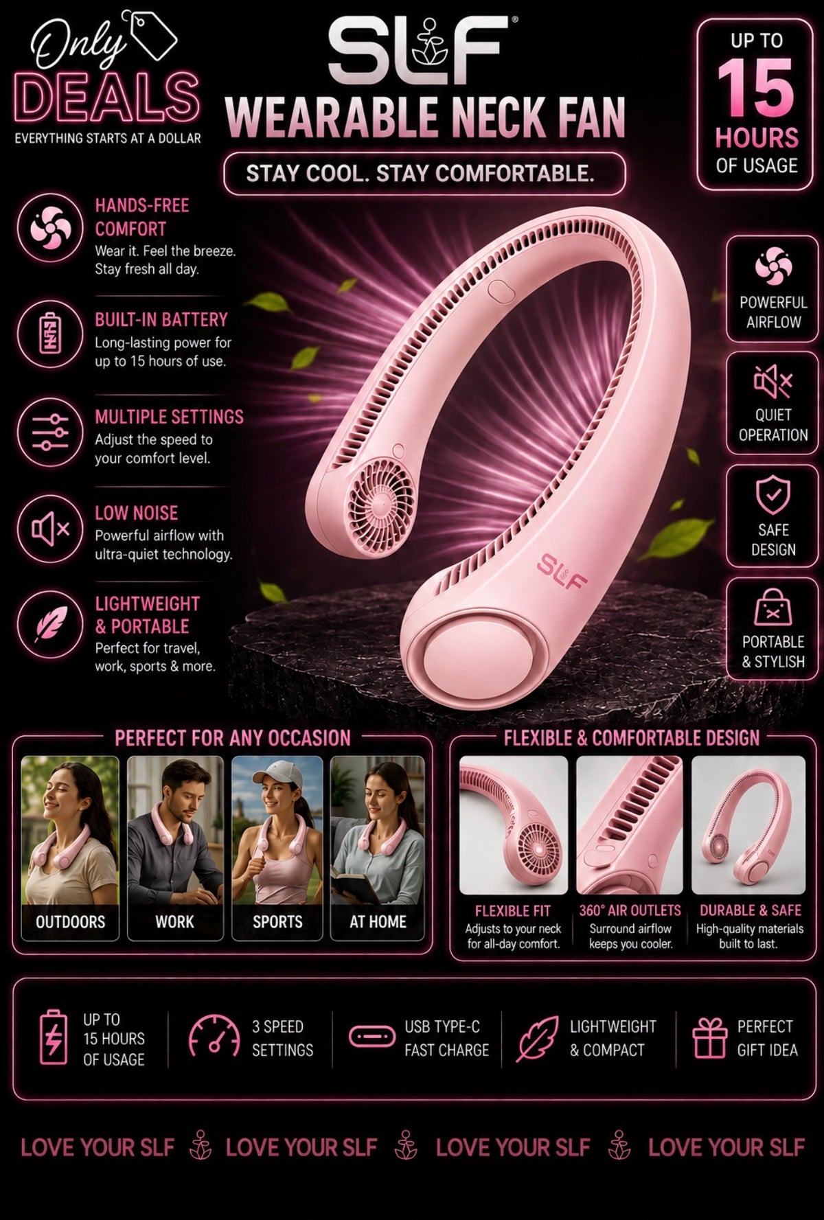SLF Wearable Neck Fan With Built In Fan